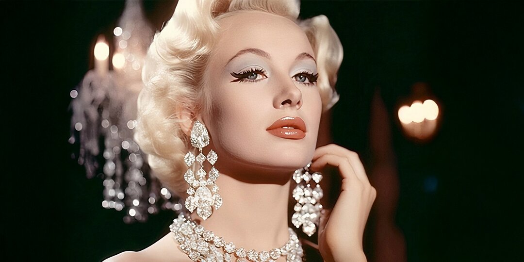 Glamorous&amp;&#x23;x20&#x3B;Hollywood&amp;&#x23;x20&#x3B;star&amp;&#x23;x20&#x3B;wearing&amp;&#x23;x20&#x3B;rhinestone&amp;&#x23;x20&#x3B;jewelry&amp;&#x23;x20&#x3B;and&amp;&#x23;x20&#x3B;earrings