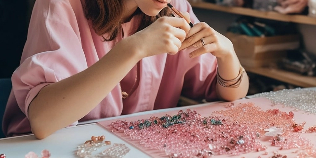 Crafter&amp;&#x23;x20&#x3B;designing&amp;&#x23;x20&#x3B;a&amp;&#x23;x20&#x3B;rhinestone&amp;&#x23;x20&#x3B;layout&amp;&#x23;x20&#x3B;on&amp;&#x23;x20&#x3B;a&amp;&#x23;x20&#x3B;table&amp;&#x23;x20&#x3B;covered&amp;&#x23;x20&#x3B;with&amp;&#x23;x20&#x3B;pink&amp;&#x23;x20&#x3B;resin&amp;&#x23;x20&#x3B;rhinestones&amp;&#x23;x20&#x3B;and&amp;&#x23;x20&#x3B;gems