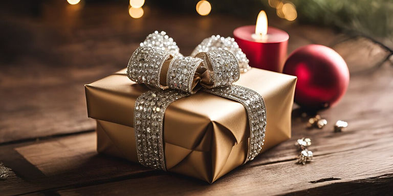 Gold holiday gift box with sparkling rhinestone ribbon next to red candle and ornaments