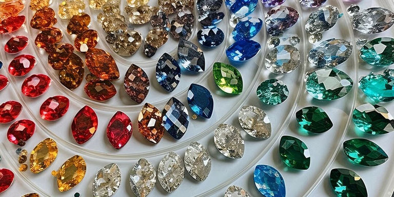 Filas de diamantes de imitación multicolores dispuestos por forma y tono