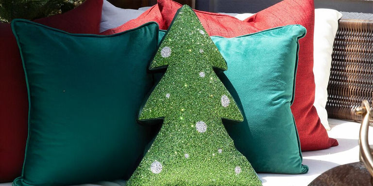 glitter green Christmas tree shaped pillow with rhinestones on red and emerald velvet cushions