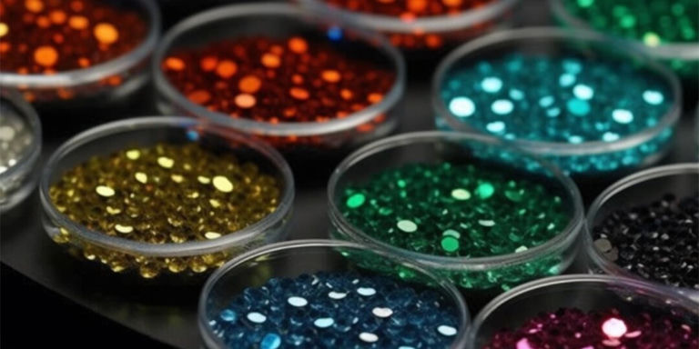 Diamantes de imitación coloridos surtidos en pequeños contenedores transparentes en una mesa negra