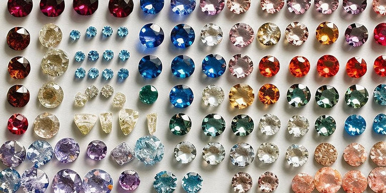 Diamantes de imitación surtidos en diferentes tamaños, cortes y colores sobre fondo blanco