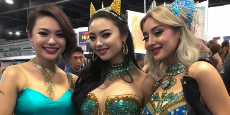 Three cosplayers in glam rhinestone costumes with cat ears, posing together at a con