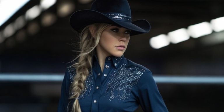 Cowgirl moderna con camisa azul marino con adornos de pedrería y un sombrero occidental negro