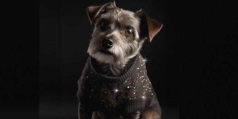 Small dog wearing a dark rhinestone-studded sweater against a black background