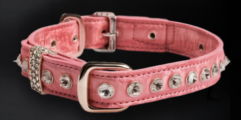 Pink faux leather dog collar decorated with rhinestones and metallic buckle