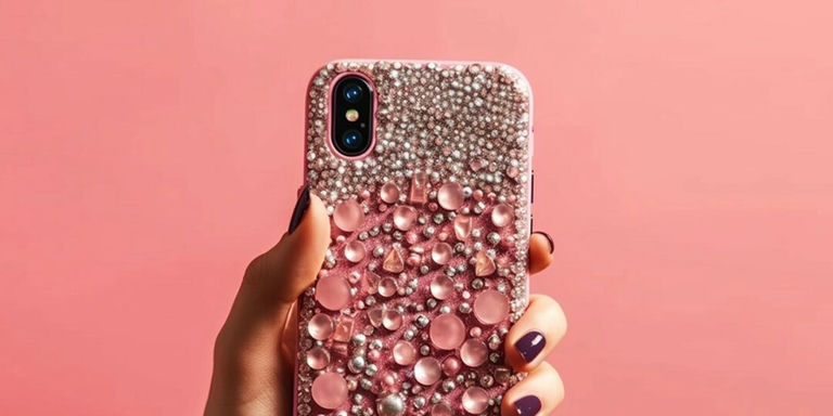 Main tenant une coque de téléphone en strass rose avec des perles et des cristaux, sur un fond rose assorti