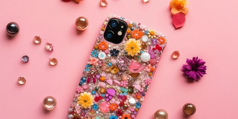 Coque de téléphone DIY en strass recouverte de fleurs colorées, de perles et de strass acryliques sur un fond rose