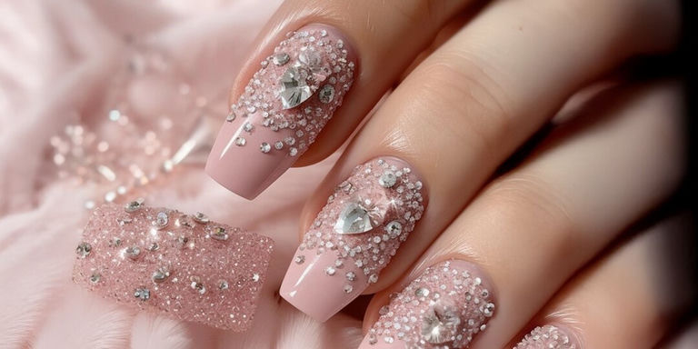 Puntas de los dedos con uñas acrílicas rosas cubiertas de pedrerías de diferentes tamaños y perlas sobre tela de terciopelo rosa