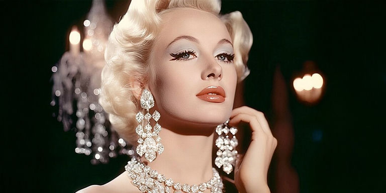 Glamorous Hollywood star wearing rhinestone jewelry and earrings
