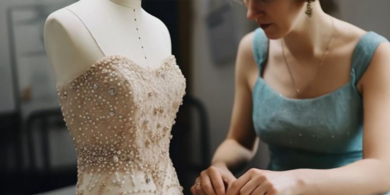 Créateur de costumes appliquant des strass sur une robe sur un mannequin