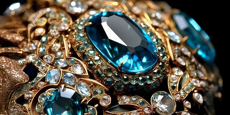 Close-up of ornate vintage jewelry with blue and green rhinestones