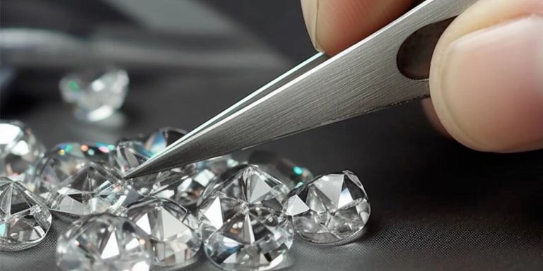 Usar pinzas para seleccionar diamantes de imitación para proyectos de manualidades