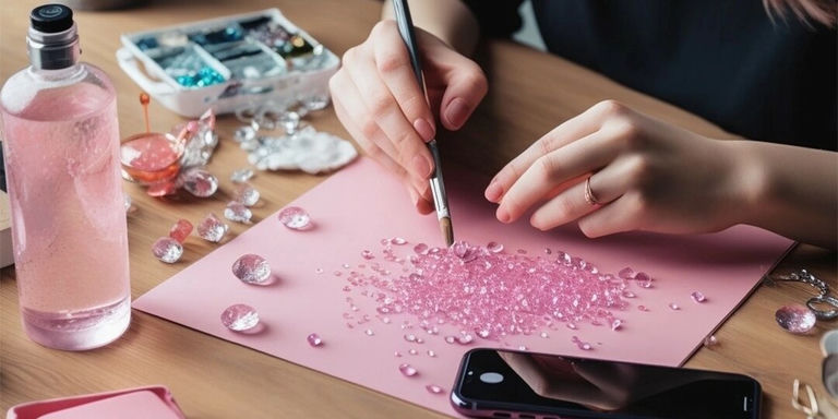 Mains plaçant des strass roses sur une surface de bricolage avec une pince à épiler lors d