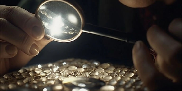 Gros plan sur des mains inspectant des strass sous une loupe pour une précision artisanale