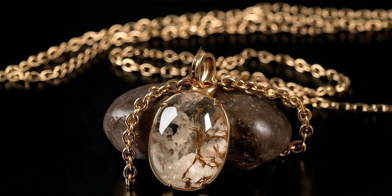 Gold chain necklace with clear quartz stone pendant on black background