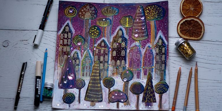 Whimsical holiday artwork featuring rhinestone and glitter accents on a fantasy forest scene