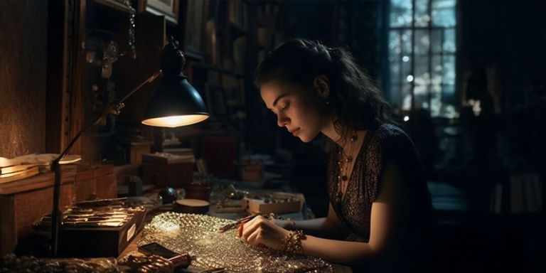 Femme concevant des motifs de strass complexes à une table d
