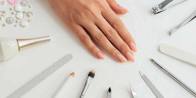 Supplies for rhinestone nail art including polish, rhinestones, and tools