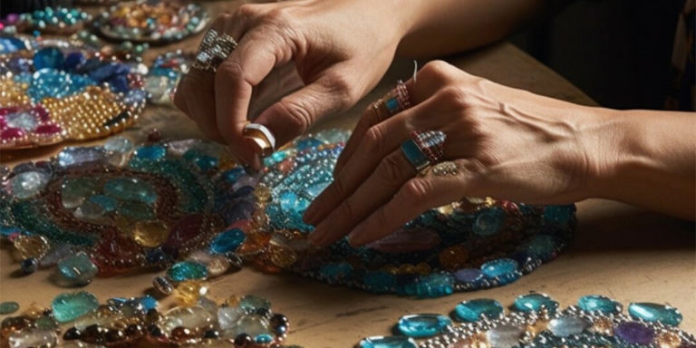 Mains plaçant des strass colorés sur une grande pièce décorative pour un design vibrant
