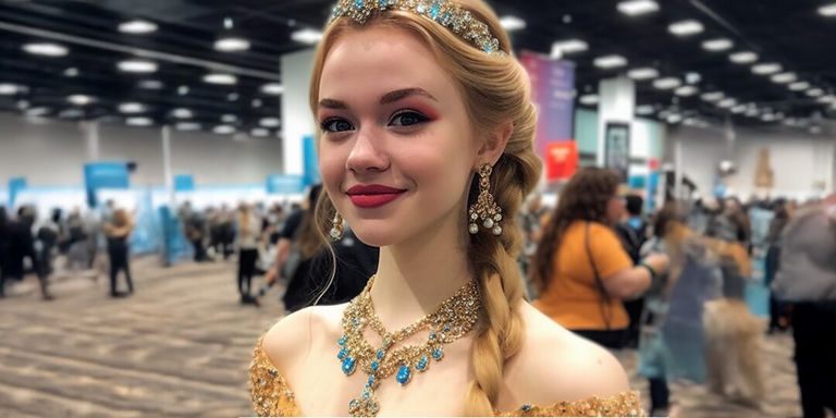 Cosplayer in elegant gown and rhinestone accessories posing at a convention