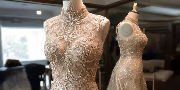 Elegant bridal gown adorned with intricate rhinestone detailing on mannequin