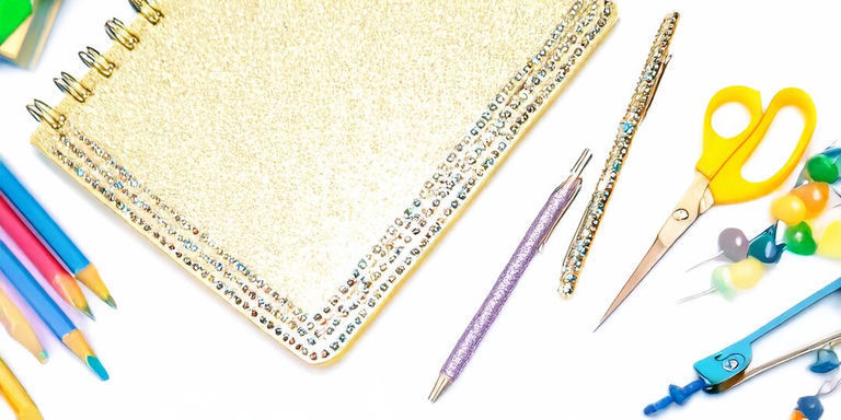 Cuaderno dorado brillante adornado con diamantes de imitación rodeado de útiles escolares coloridos