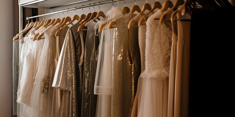 Placard avec des vêtements ornés de strass soigneusement rangés sur des cintres