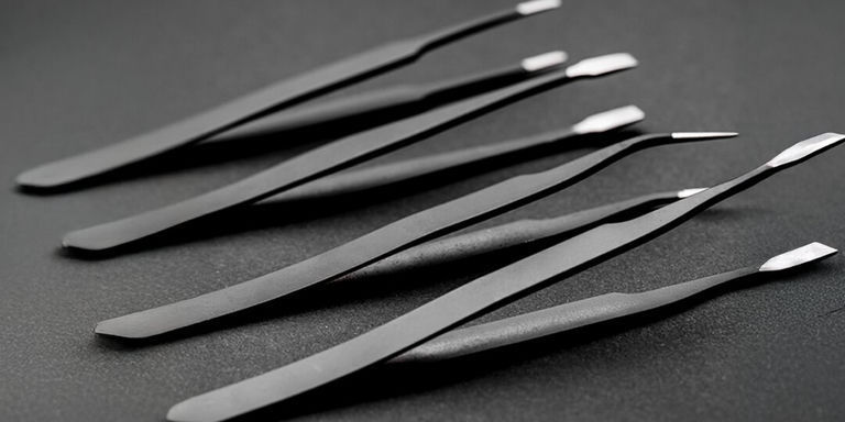 Pinzas de precisión alineadas en una superficie negra para aplicación de diamantes de imitación